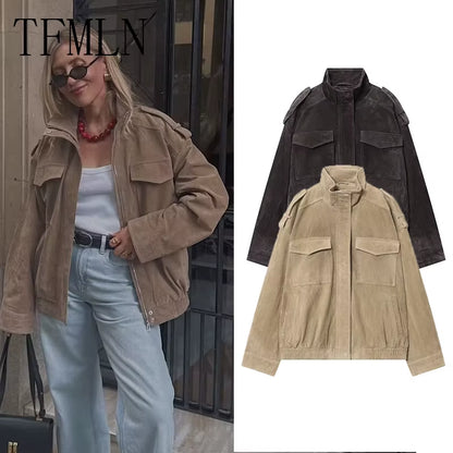 2025 Women Winter Bomber Jackets Vintage Suede Thick Pockets Jacket Streetwear Leisure Pocket Zipper New Oversized Jackets