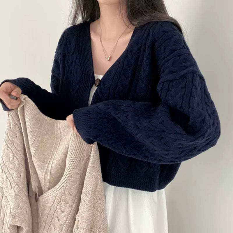Fall Autumn and Winter New Women'S Clothing Retro V-Neck Twist Design Long-Sleeved Short Knitted Cardigan Sweater Jacket