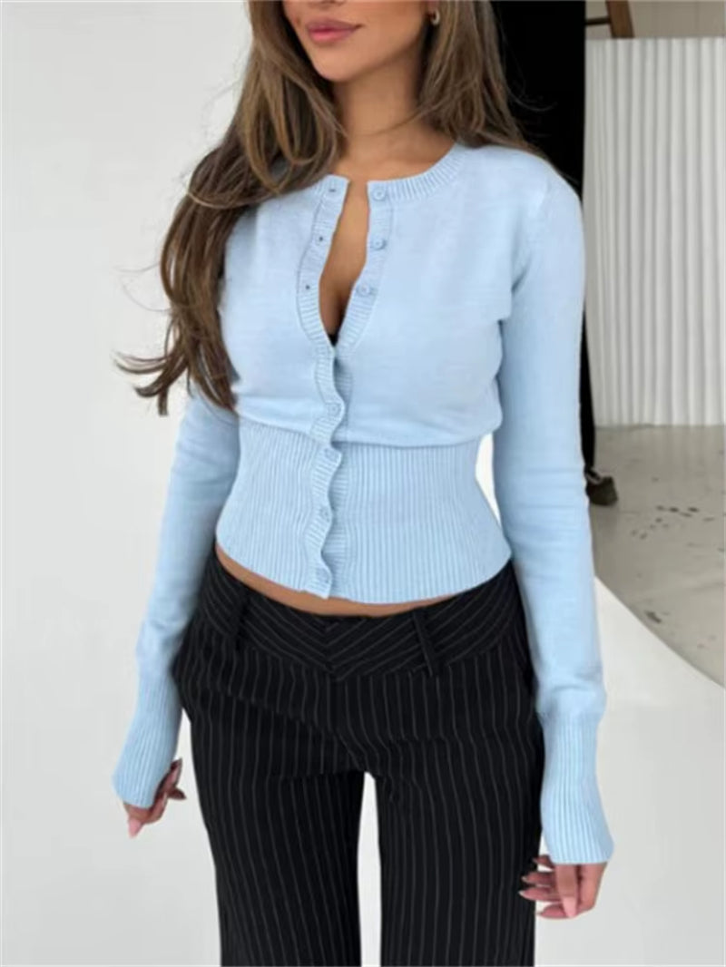 Casual Knit Cardigan Top for Women Long Sleeve Ribbed Patchwork Slim Elegant Loose Cropped Top Female Knitwear Cardigan