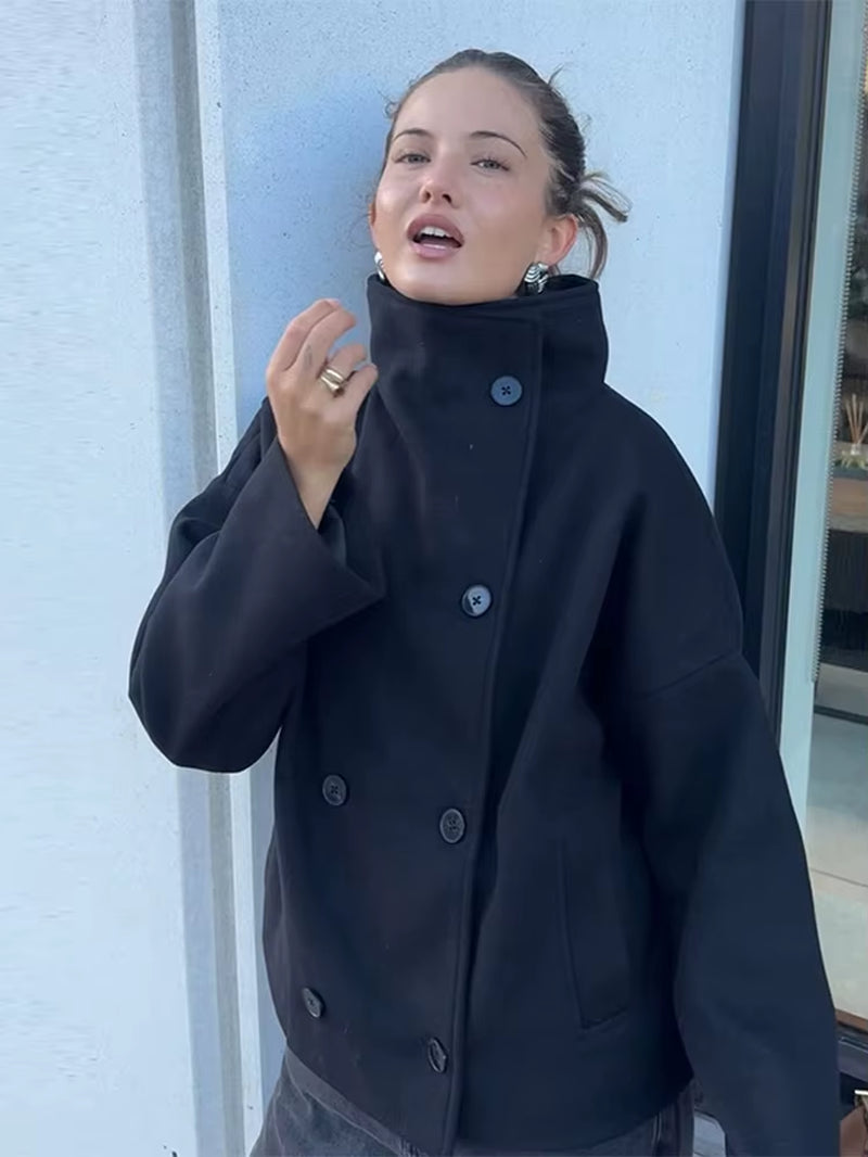 Solid Turtleneck Double-Breasted Pocket Coats Women Casual Loose Full Sleeve Female Jacket 2025 Autumn Office Lady Jackets