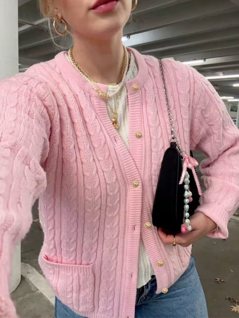 Versatile Round-Neck Long-Sleeved Elegant Cardigan Fashionable Loose-Fit Button-Front Knitted Sweater Jacket for Women