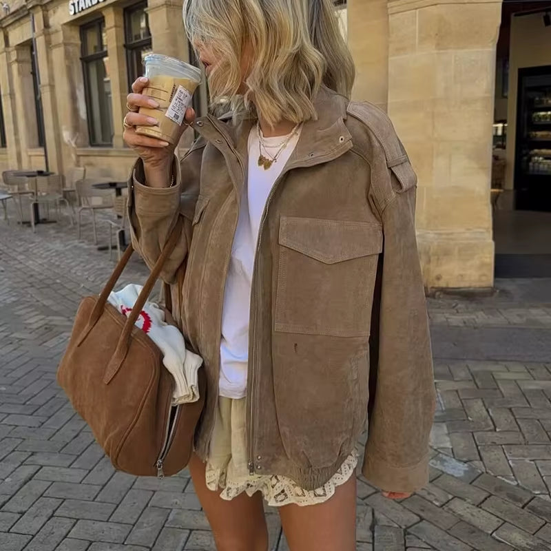 2025 Women Winter Bomber Jackets Vintage Suede Thick Pockets Jacket Streetwear Leisure Pocket Zipper New Oversized Jackets