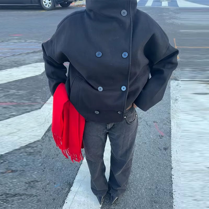 Solid Turtleneck Double-Breasted Pocket Coats Women Casual Loose Full Sleeve Female Jacket 2025 Autumn Office Lady Jackets