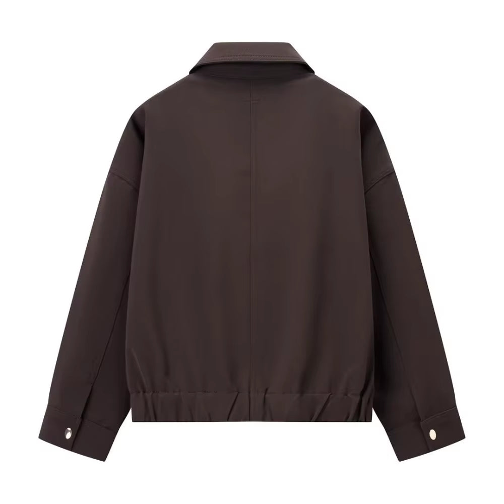 Brown Zip Bomber Jackets for Woman Fashion Autumn Woman 2025 Trend Casual Long Sleeve Coat Elegant Casual Top Outerwears