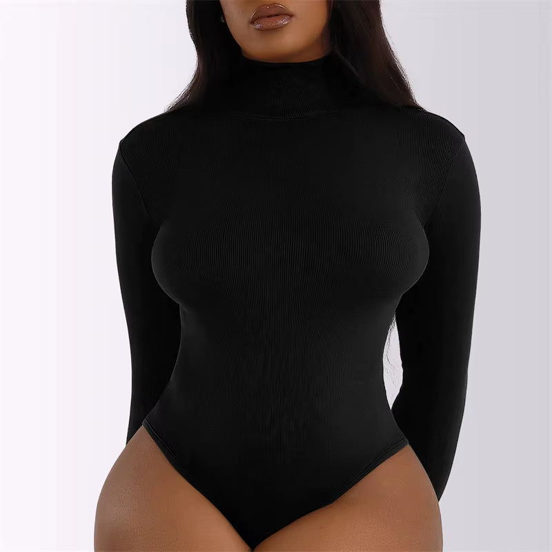 Women Black Long Sleeve Bodysuit Autumn Winter Turtleneck Bodysuits Female Bodycon High Waist Romper Body Shapewear