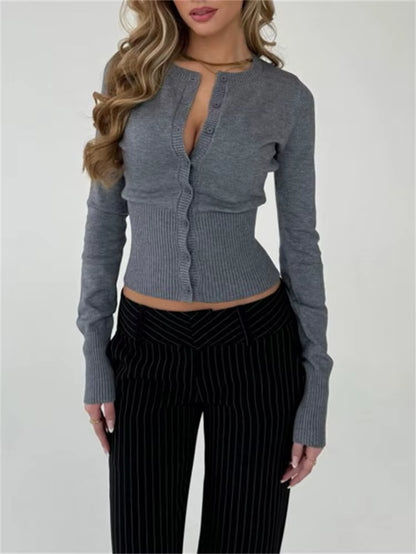 Casual Knit Cardigan Top for Women Long Sleeve Ribbed Patchwork Slim Elegant Loose Cropped Top Female Knitwear Cardigan