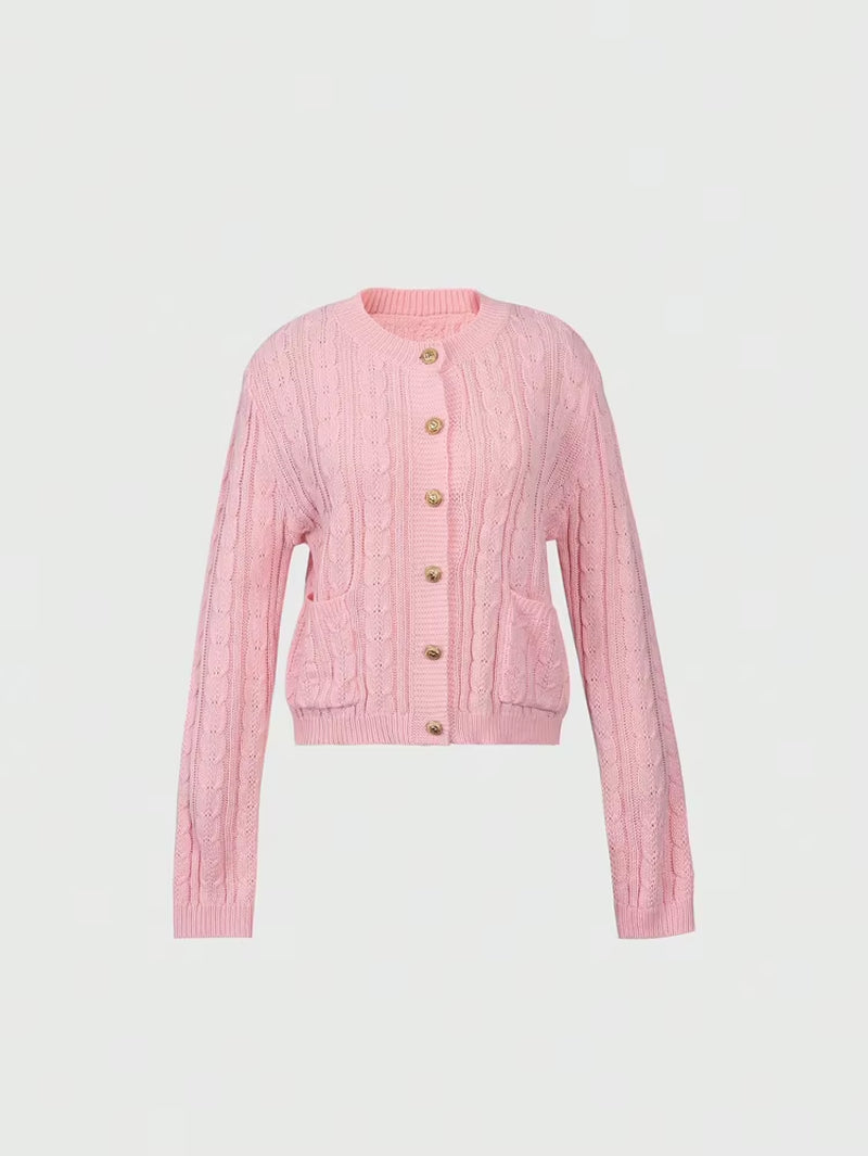 Versatile Round-Neck Long-Sleeved Elegant Cardigan Fashionable Loose-Fit Button-Front Knitted Sweater Jacket for Women