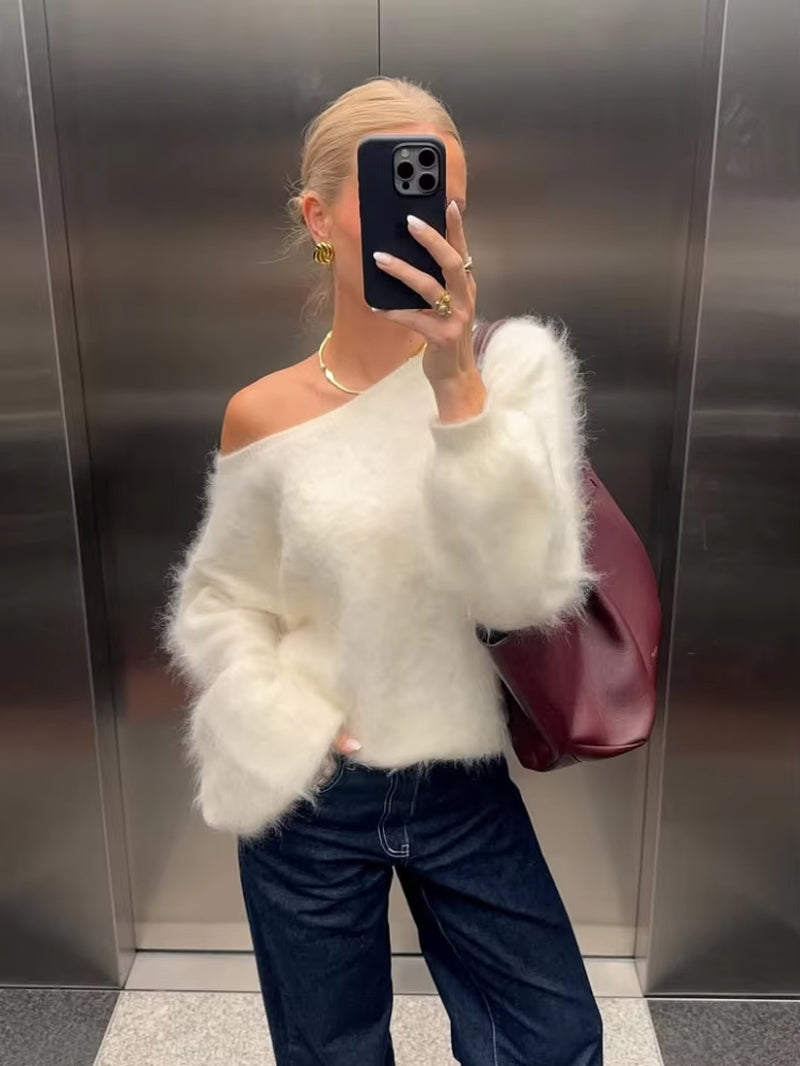 Women Solid off Shoulder Pullover Fashion Classic Full Sleeve Loose Knitted Sweater Lady New Daily High Street Autumn Sweaters