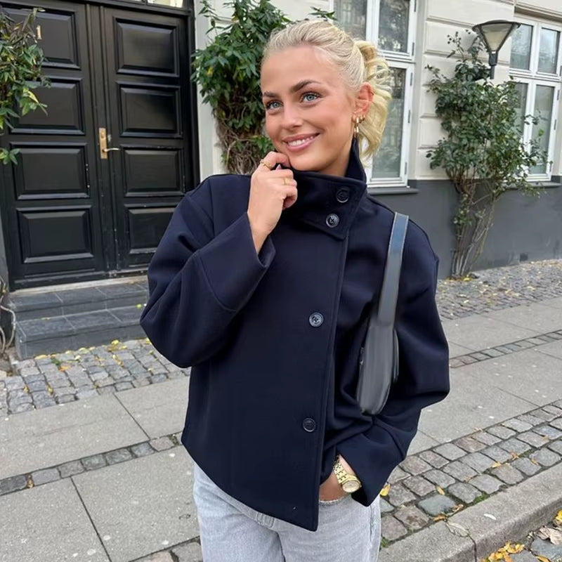 Solid Turtleneck Double-Breasted Pocket Coats Women Casual Loose Full Sleeve Female Jacket 2025 Autumn Office Lady Jackets