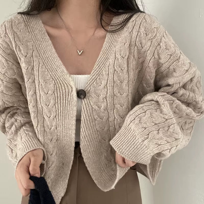 Fall Autumn and Winter New Women'S Clothing Retro V-Neck Twist Design Long-Sleeved Short Knitted Cardigan Sweater Jacket