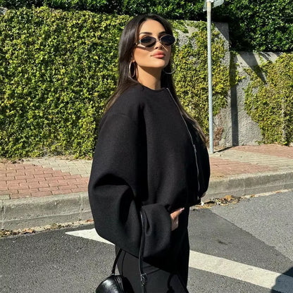 Black Bomber Jackets for Women Zipper Varsity Jackets Women Soft Cropped Jackets Woman 2025 Long Sleeve Winter Coat Female