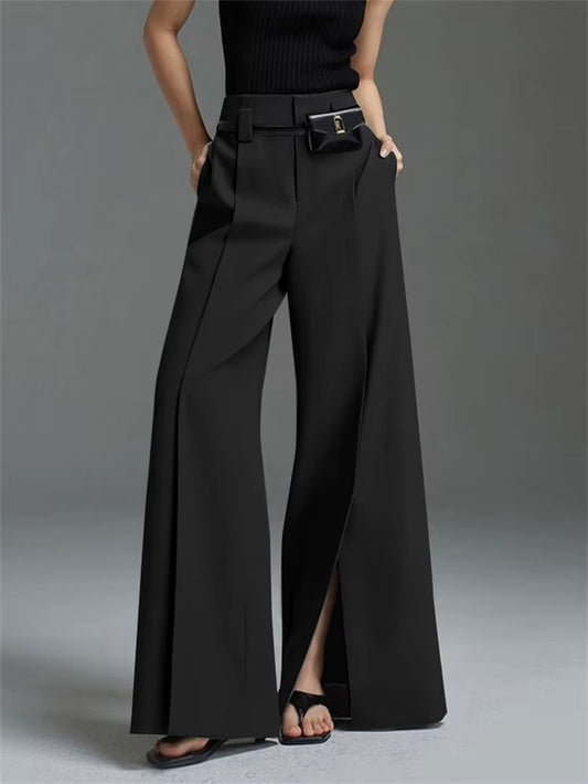 Yeezzi Urban Female Business Suit Pants 2025 New Fashion Black White Loose Straight Pant High-Waist Pleated Split-Front Trousers