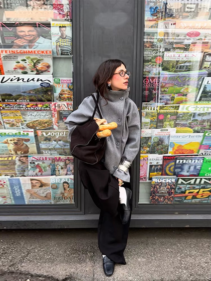 Solid Turtleneck Double-Breasted Pocket Coats Women Casual Loose Full Sleeve Female Jacket 2025 Autumn Office Lady Jackets