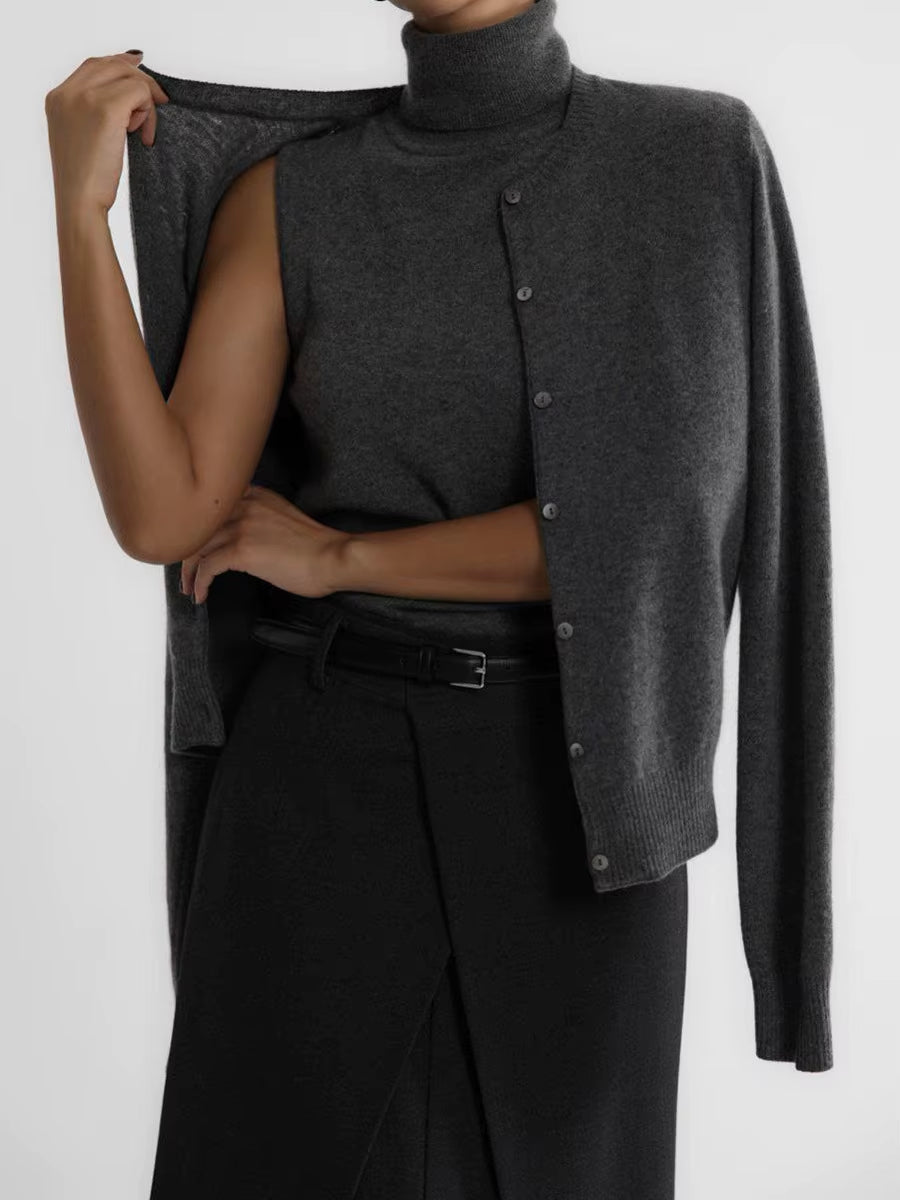 Women'S New Autumn Turtleneck Sleeveless Tank Top Soft Knit Button up Cardigan Sweater Fashion Sets