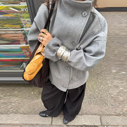 Solid Turtleneck Double-Breasted Pocket Coats Women Casual Loose Full Sleeve Female Jacket 2025 Autumn Office Lady Jackets