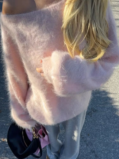 Women Solid off Shoulder Pullover Fashion Classic Full Sleeve Loose Knitted Sweater Lady New Daily High Street Autumn Sweaters