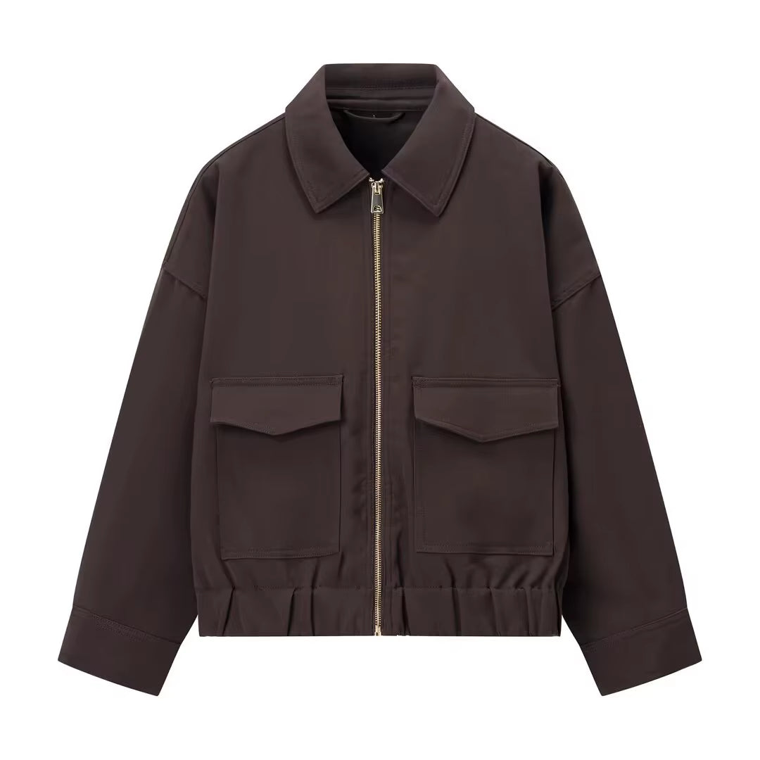 Brown Zip Bomber Jackets for Woman Fashion Autumn Woman 2025 Trend Casual Long Sleeve Coat Elegant Casual Top Outerwears