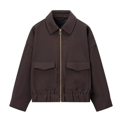 Brown Zip Bomber Jackets for Woman Fashion Autumn Woman 2025 Trend Casual Long Sleeve Coat Elegant Casual Top Outerwears