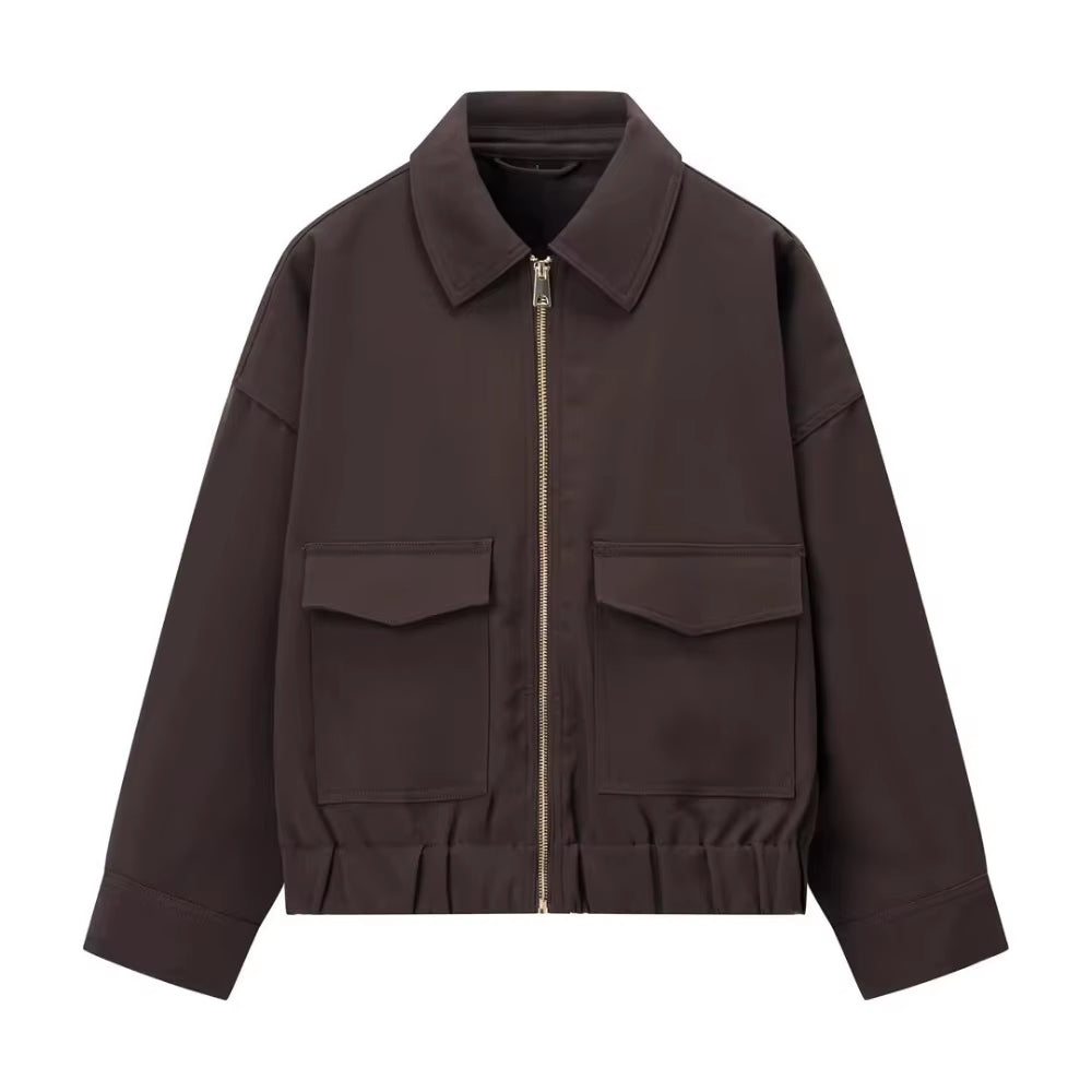 Brown Zip Bomber Jackets for Woman Fashion Autumn Woman 2025 Trend Casual Long Sleeve Coat Elegant Casual Top Outerwears