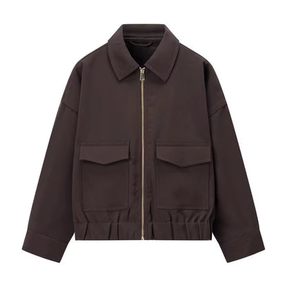 Brown Zip Bomber Jackets for Woman Fashion Autumn Woman 2025 Trend Casual Long Sleeve Coat Elegant Casual Top Outerwears