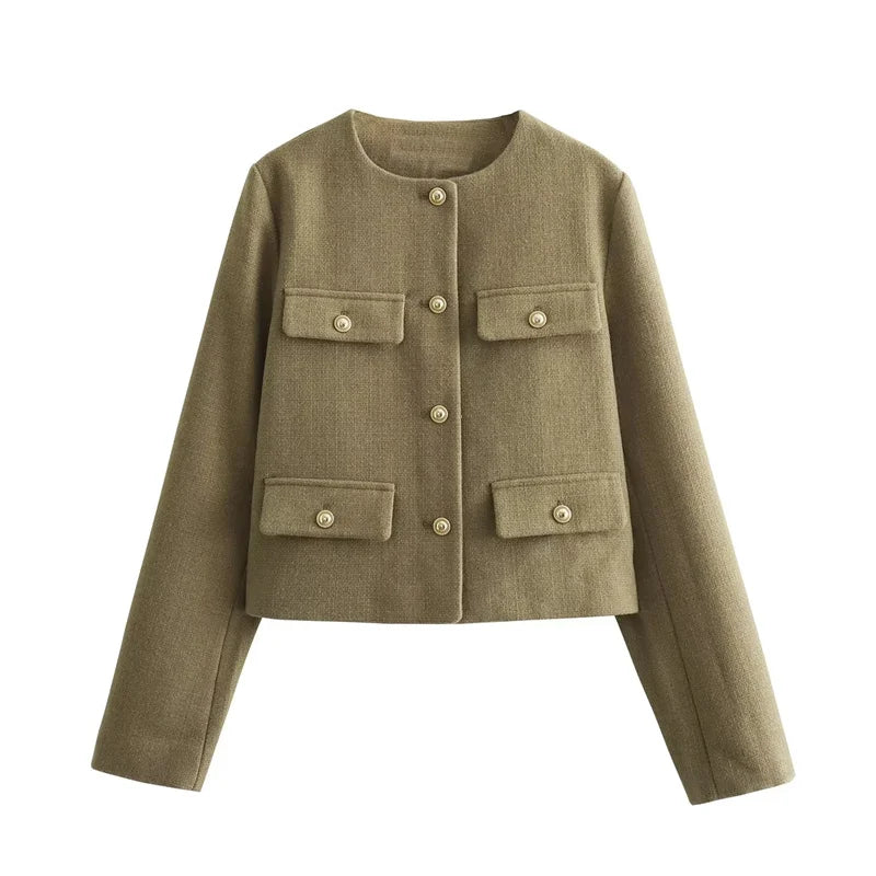 Tweed Cropped Jacket Woman Long Sleeve Vintage Jacket Woman Fashion Button Elegant Jackets for Women New in Short Coats