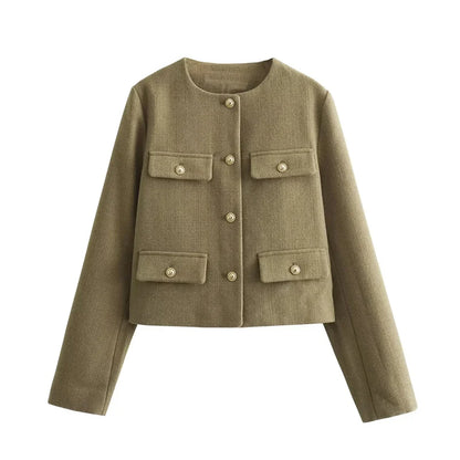 Tweed Cropped Jacket Woman Long Sleeve Vintage Jacket Woman Fashion Button Elegant Jackets for Women New in Short Coats