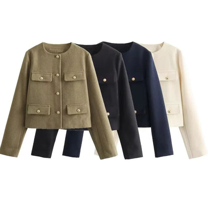 Tweed Cropped Jacket Woman Long Sleeve Vintage Jacket Woman Fashion Button Elegant Jackets for Women New in Short Coats