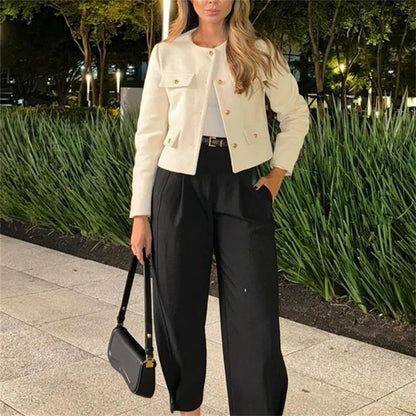 Tweed Cropped Jacket Woman Long Sleeve Vintage Jacket Woman Fashion Button Elegant Jackets for Women New in Short Coats