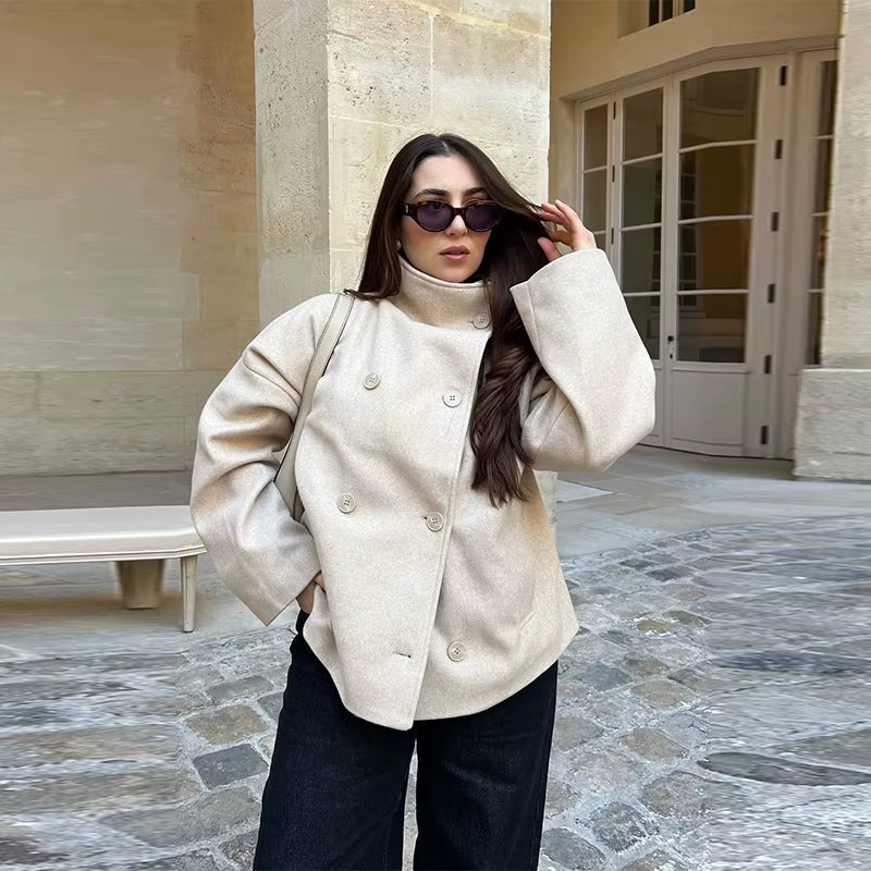 Solid Turtleneck Double-Breasted Pocket Coats Women Casual Loose Full Sleeve Female Jacket 2025 Autumn Office Lady Jackets