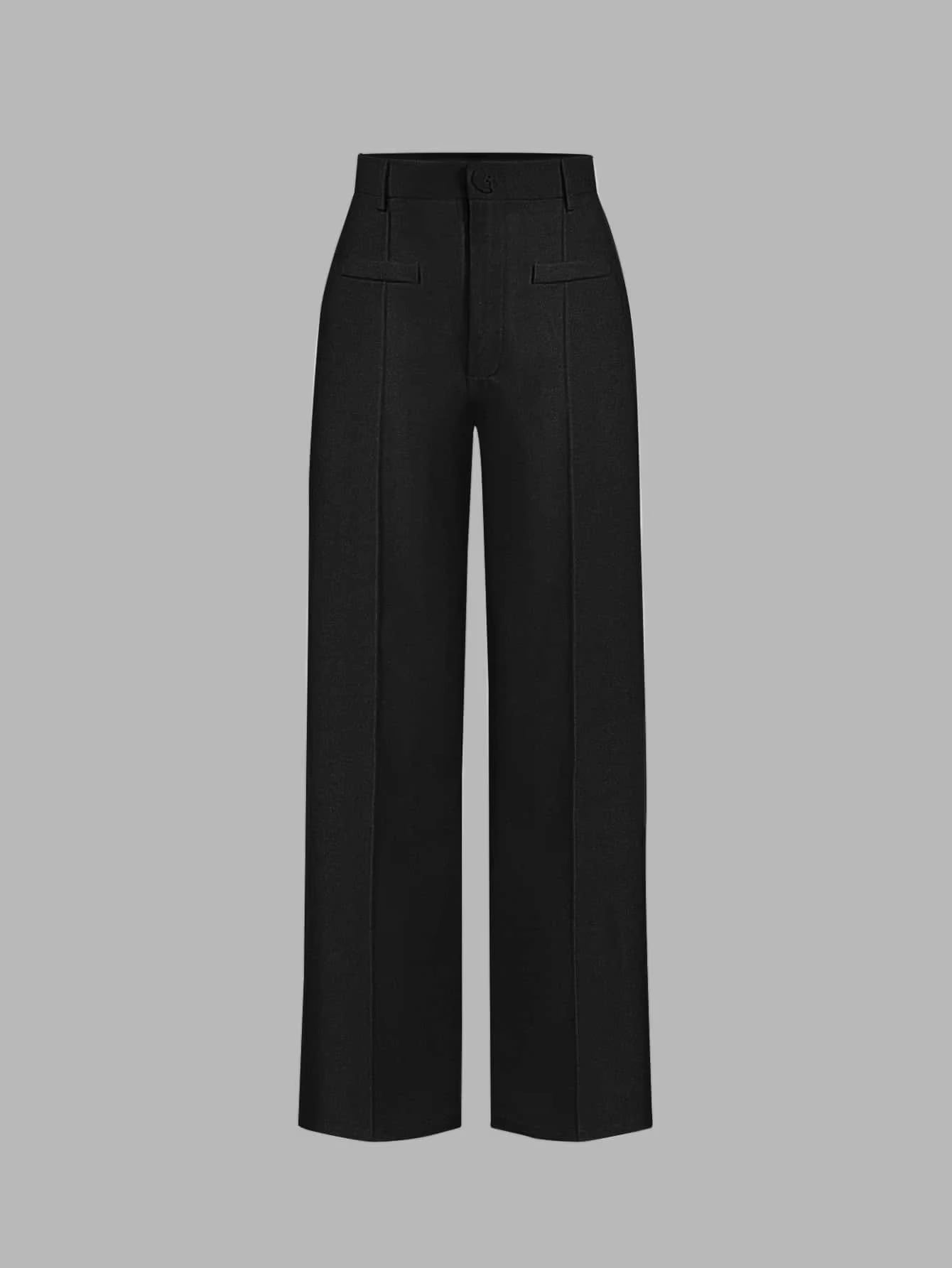 【Runs Small】Women'S Solid High Waist Straight Let Pants, Fake Pocket Elegant Zipper Fly Trousers for Work Office Business