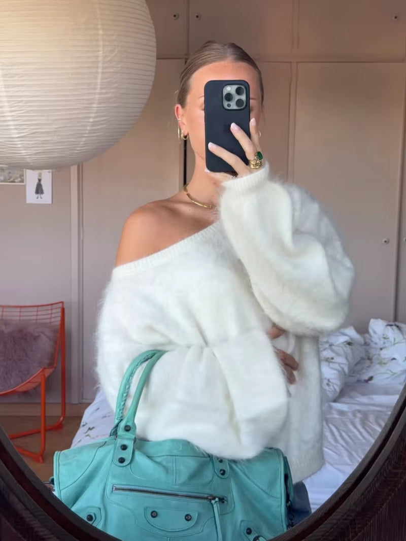 Women Solid off Shoulder Pullover Fashion Classic Full Sleeve Loose Knitted Sweater Lady New Daily High Street Autumn Sweaters