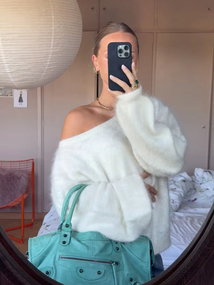 Women Solid off Shoulder Pullover Fashion Classic Full Sleeve Loose Knitted Sweater Lady New Daily High Street Autumn Sweaters