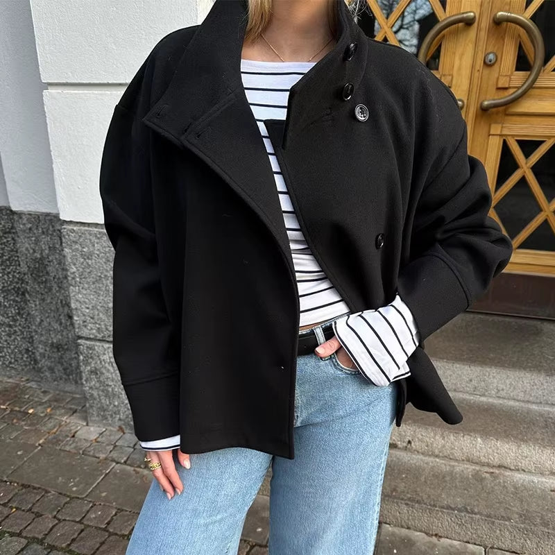 Solid Turtleneck Double-Breasted Pocket Coats Women Casual Loose Full Sleeve Female Jacket 2025 Autumn Office Lady Jackets