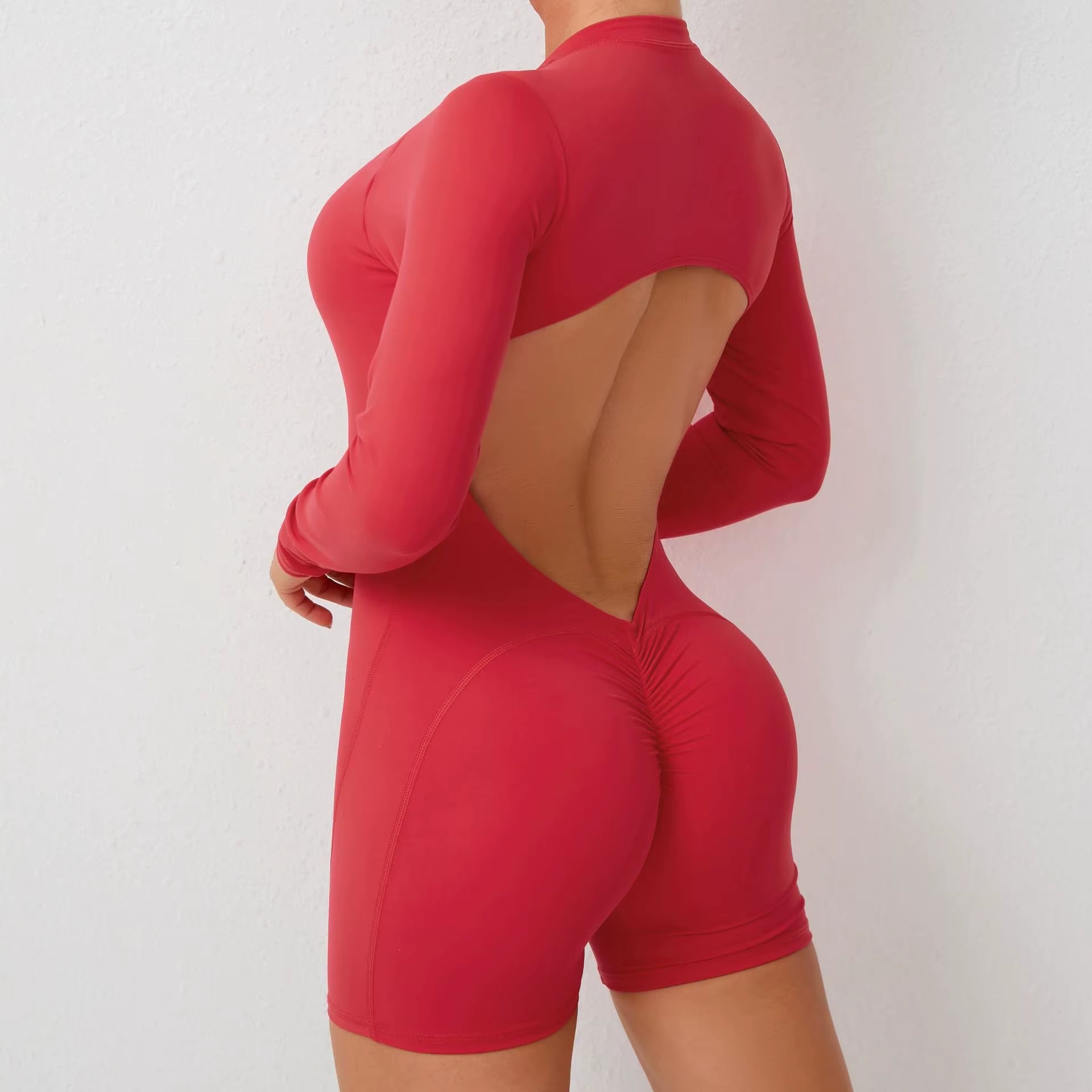 V Back Scrunch One-Piece Suit Push up Sports Jumpsuit Woman Fitness Zipper Overalls Workout Rompers Women Gym Bodysuits Female