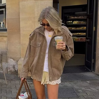 2025 Women Winter Bomber Jackets Vintage Suede Thick Pockets Jacket Streetwear Leisure Pocket Zipper New Oversized Jackets