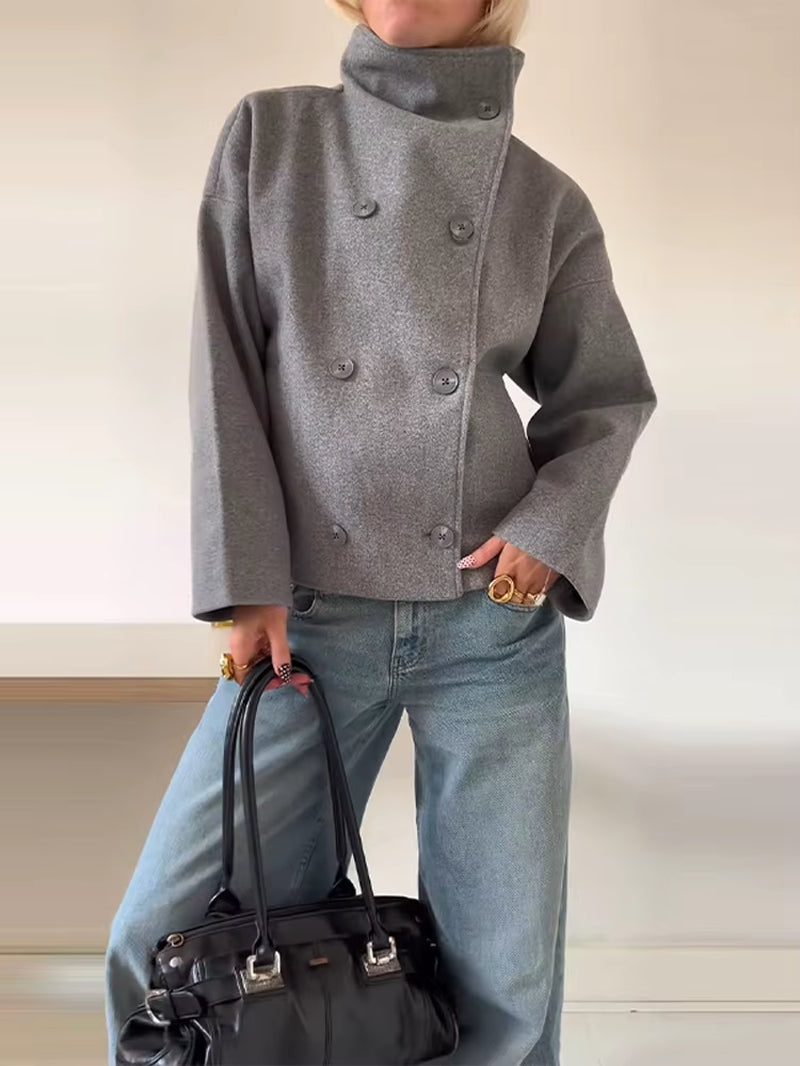 Solid Turtleneck Double-Breasted Pocket Coats Women Casual Loose Full Sleeve Female Jacket 2025 Autumn Office Lady Jackets