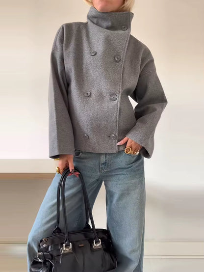 Solid Turtleneck Double-Breasted Pocket Coats Women Casual Loose Full Sleeve Female Jacket 2025 Autumn Office Lady Jackets