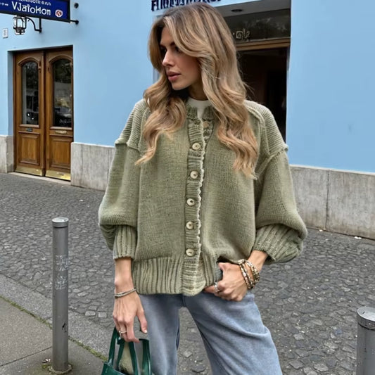 Autumn and Winter Fashion Women'S New Women'S Crew Neck Cardigan Sweater Casual Button Single-Breasted Knitwear Top