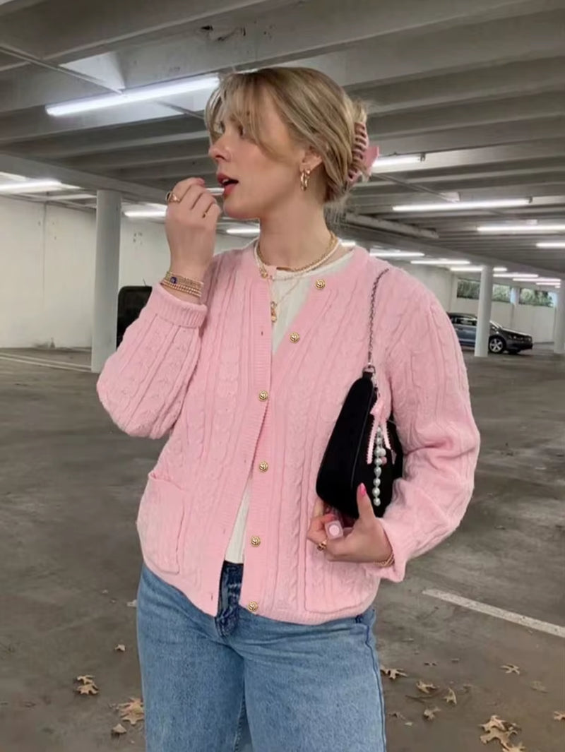 Versatile Round-Neck Long-Sleeved Elegant Cardigan Fashionable Loose-Fit Button-Front Knitted Sweater Jacket for Women