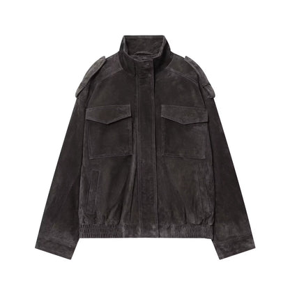 2025 Women Winter Bomber Jackets Vintage Suede Thick Pockets Jacket Streetwear Leisure Pocket Zipper New Oversized Jackets