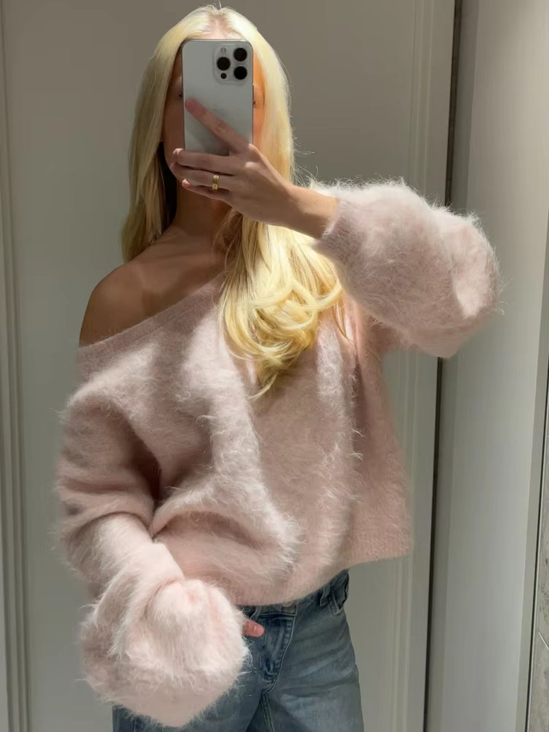 Women Solid off Shoulder Pullover Fashion Classic Full Sleeve Loose Knitted Sweater Lady New Daily High Street Autumn Sweaters