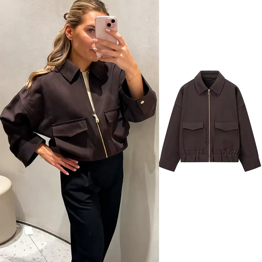 Brown Zip Bomber Jackets for Woman Fashion Autumn Woman 2025 Trend Casual Long Sleeve Coat Elegant Casual Top Outerwears