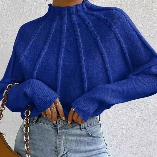 2025 Women'S Knitted Half-High Collar Sweater Batwing Sleeve Thickened Winter Style Pure Color Sweaters Female